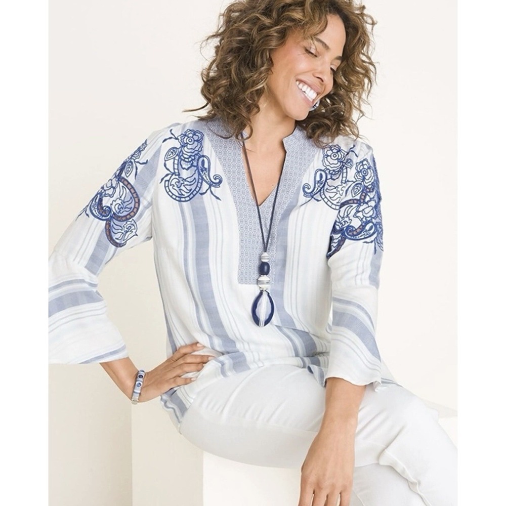 Embroidered Blue Stripe Women’s Tunic Top